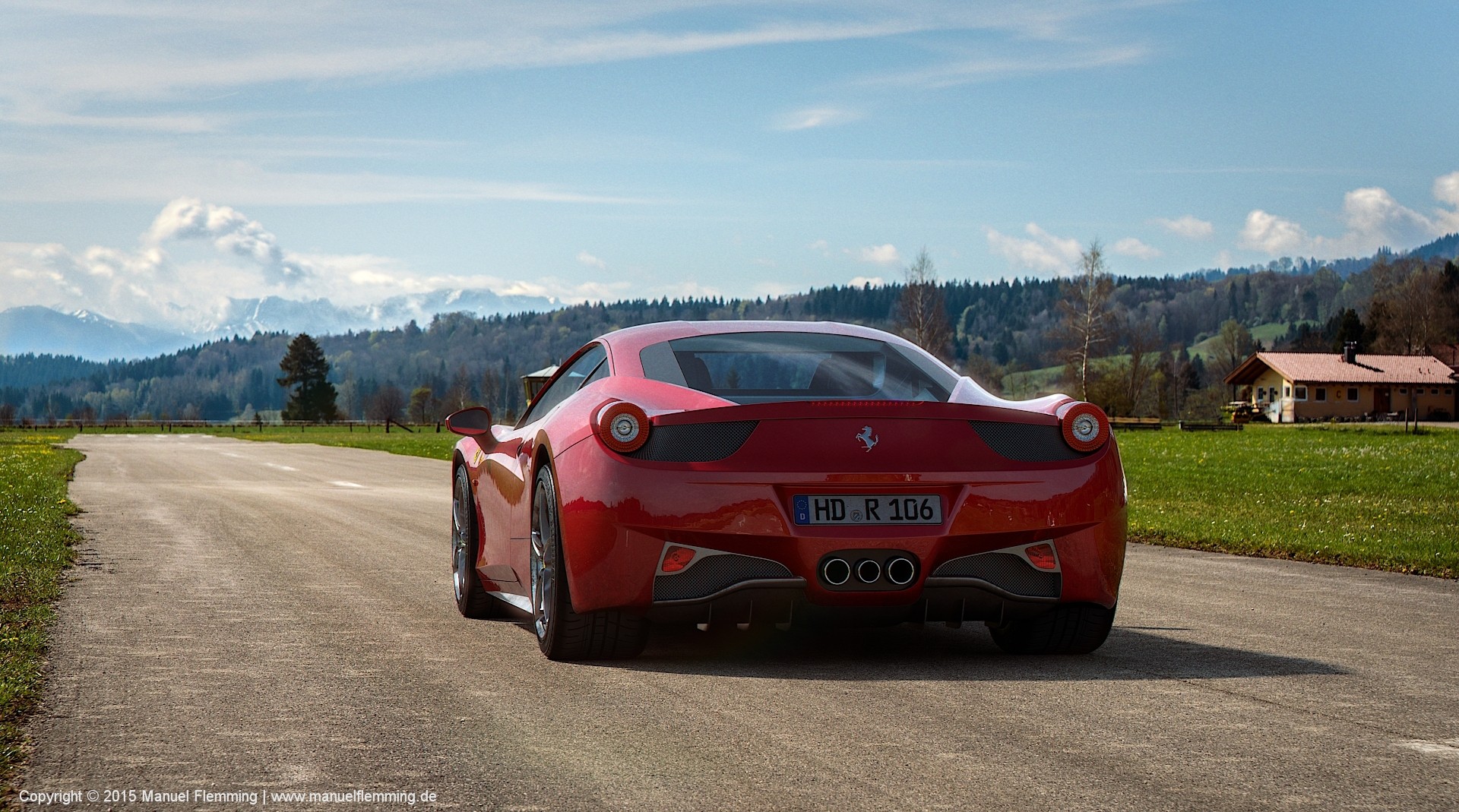 A rendering of a Ferrari F458 at Airstrip 02 - created using Maya, Mari, Vray and Nuke. I'm responsible for HDRI & Plate photography, texturing, shading, lighting, rendering and compositing.