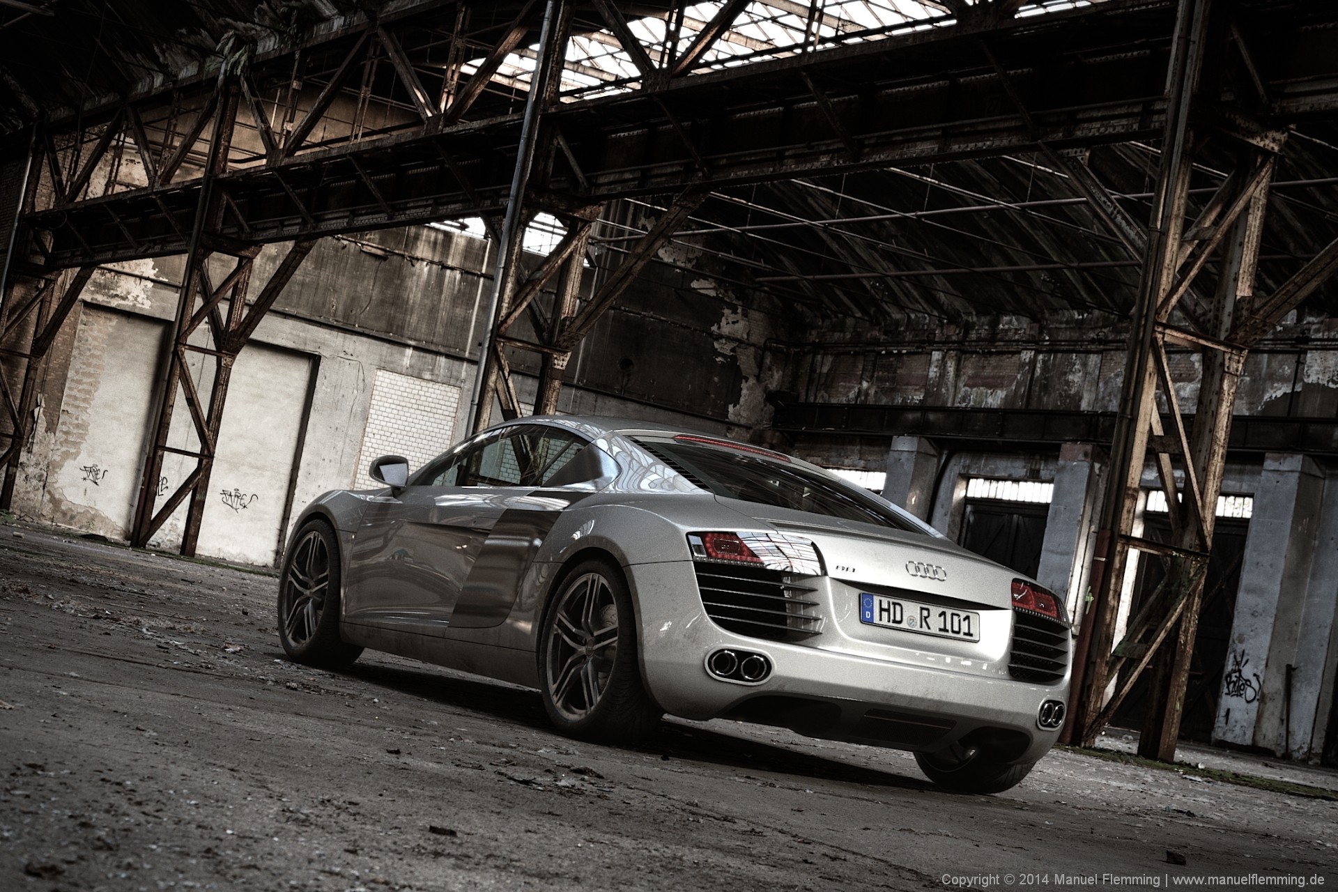 A rendering of an Audi R8 at Industrial Hall 01 - created using Maya, Mari, Vray and Nuke. I'm responsible for HDRI & Plate photography, texturing, shading, lighting, rendering and compositing.